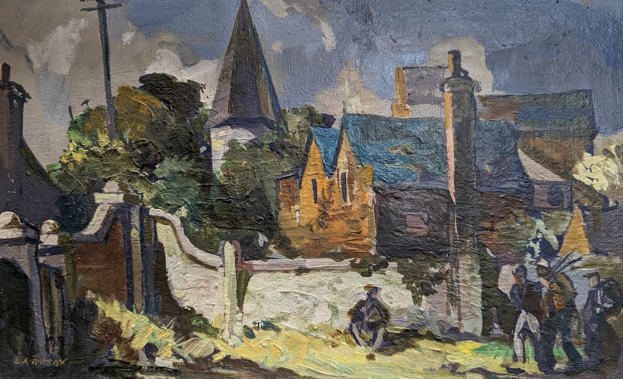 Lesley Arthur Wilcox (1904-1982), oil on canvas, Village scene with figures beside a wall, signed, 34 x 54cm